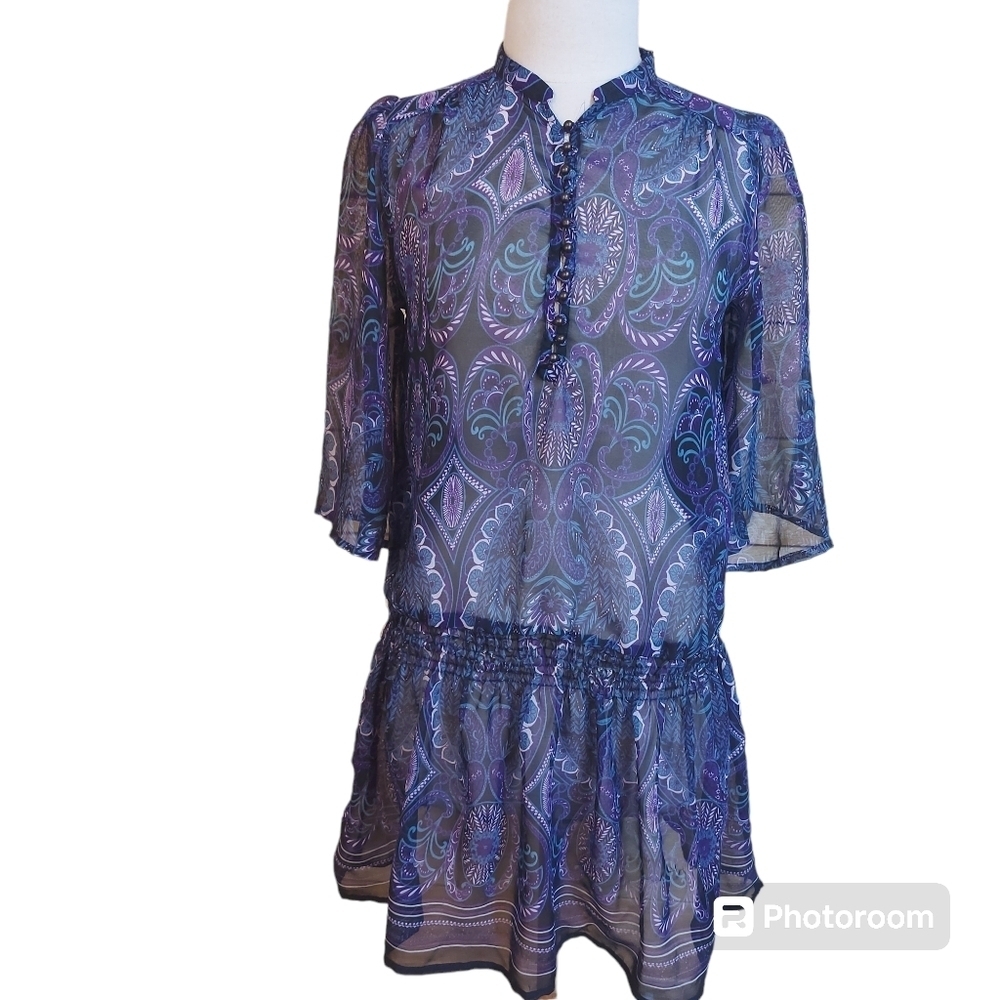 Top shirt tunic dress swimsuit coverup cinch waist shear purple paisley Sz M